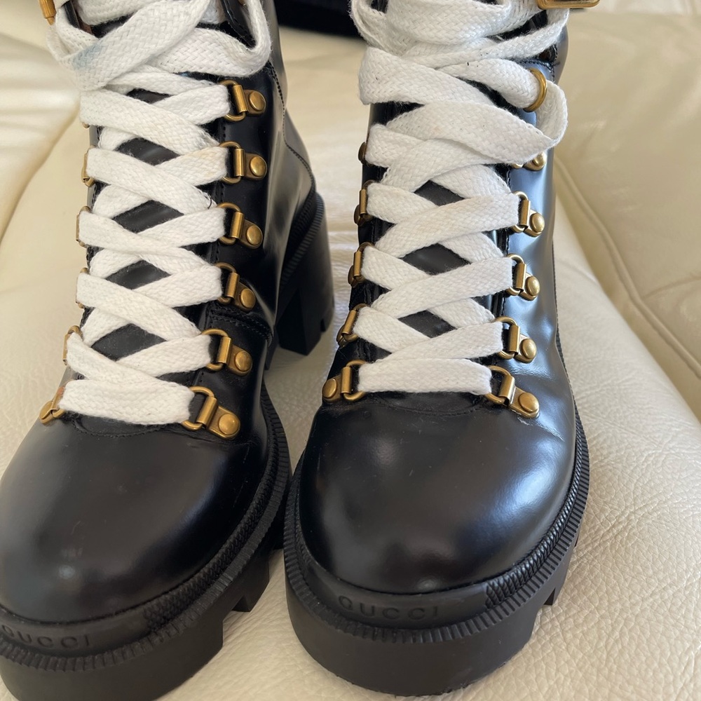 Gucci calfskin Sylvia web lace up combat boots - Picture 4 of 12